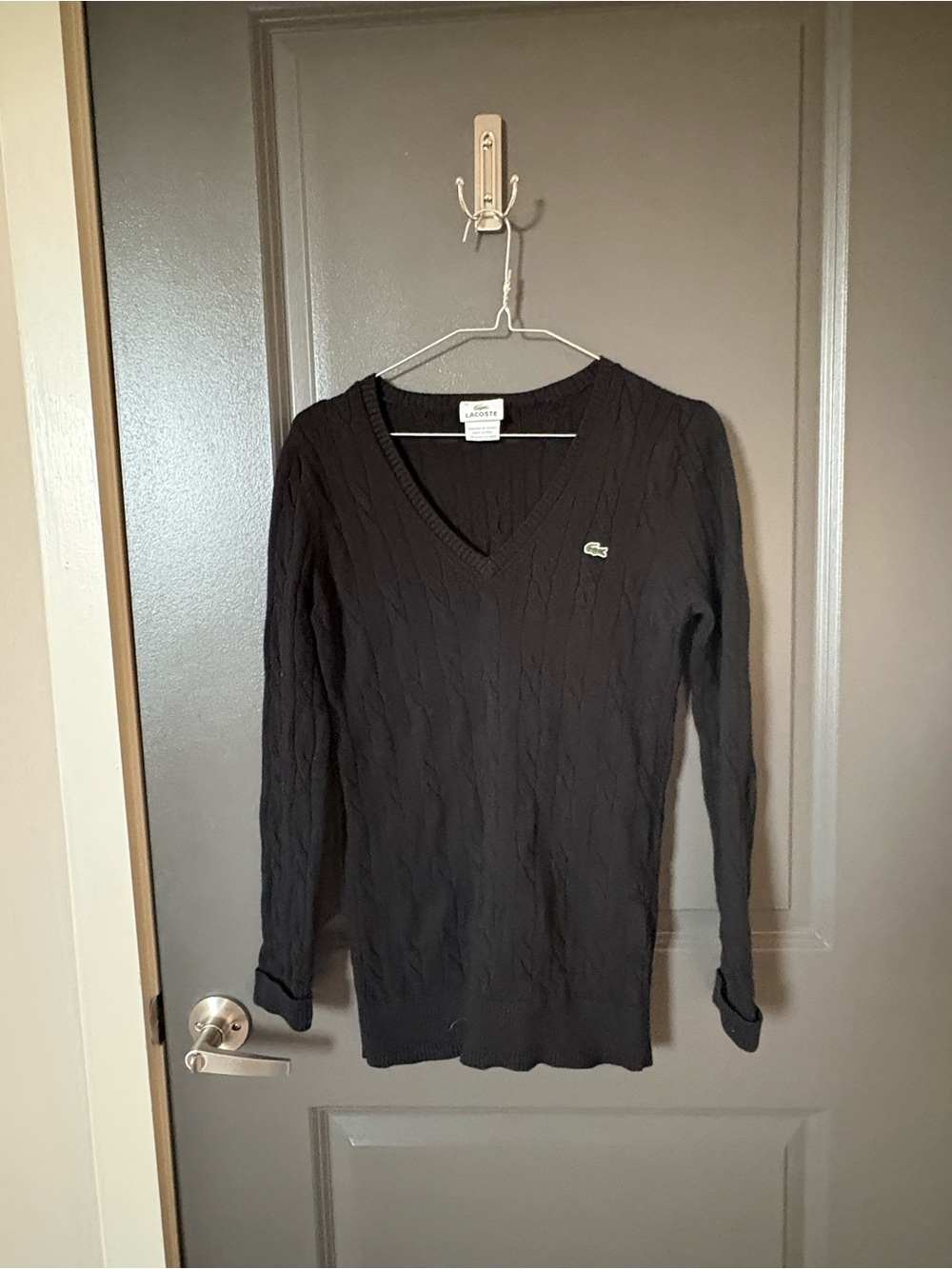 Lacoste Black V-Neck Cable Knit Long Sleeve Sweater
